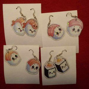 Custom Handmade Laminate Anime Gamer Cute Kawaii Sushi Gift Holographic Earrings